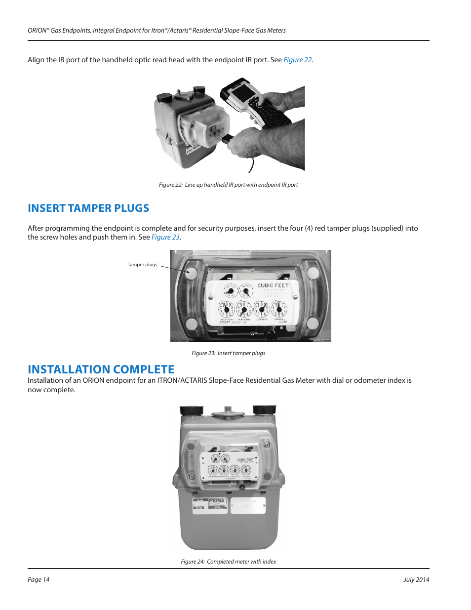 Insert tamper plugs, Insert tamper plugs 14, Installation complete | Badger Meter ORION AMR/AMI Hardware Solutions for Gas Utilities User Manual | Page 14 / 16