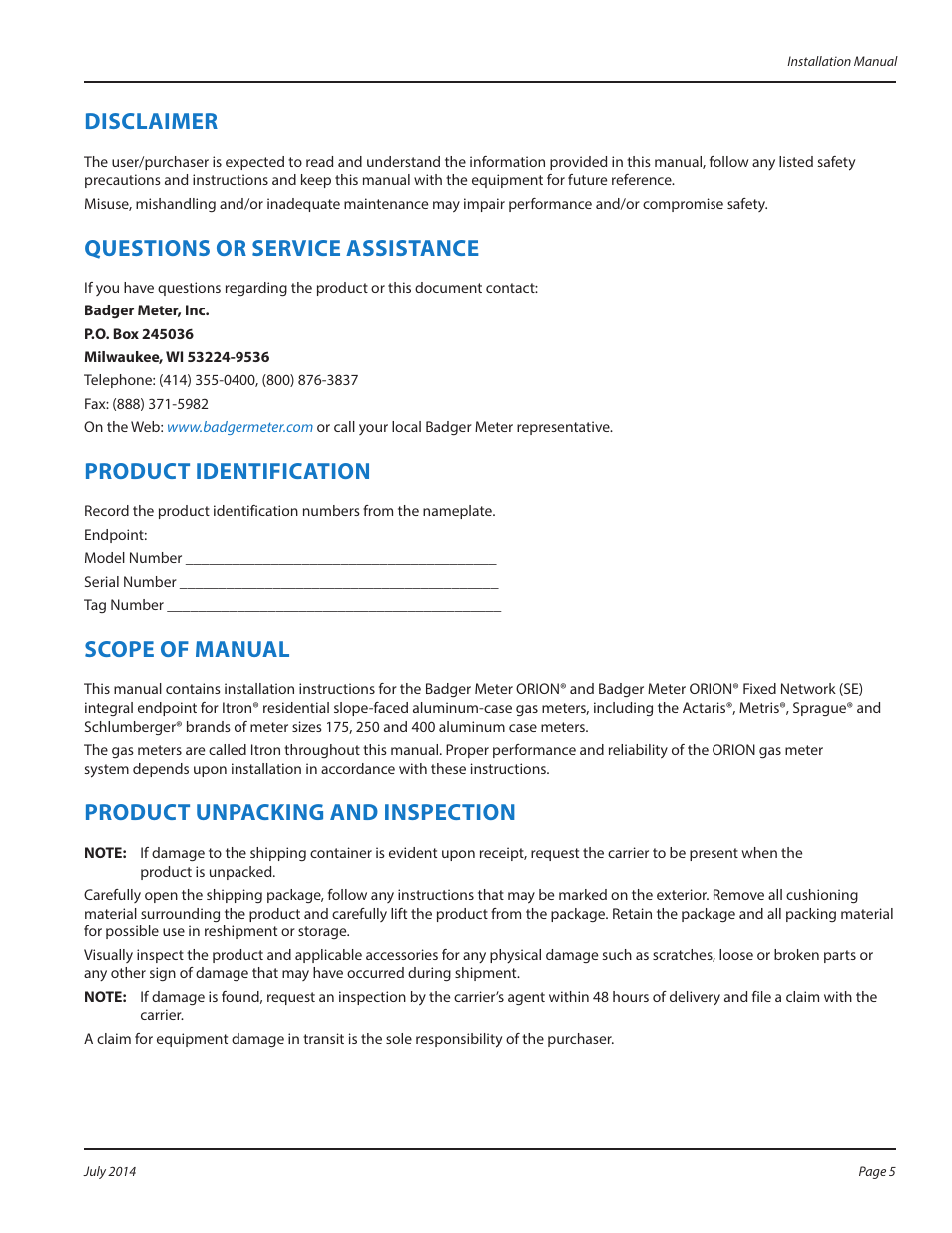 Disclaimer, Questions or service assistance, Product identification | Scope of manual, Product unpacking and inspection, Disclaimer 5, Questions or service assistance 5, Product identification 5, Scope of manual 5, Product unpacking and inspection 5 | Badger Meter ORION AMR/AMI Hardware Solutions for Gas Utilities User Manual | Page 5 / 16