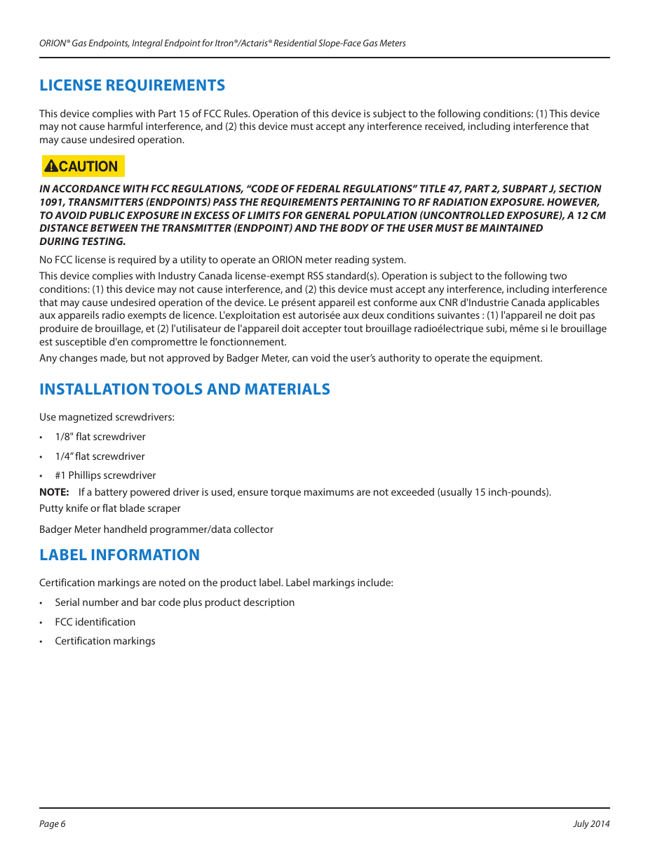 License requirements, Installation tools and materials, Label information | License requirements 6, Installation tools and materials 6, Label information 6 | Badger Meter ORION AMR/AMI Hardware Solutions for Gas Utilities User Manual | Page 6 / 16