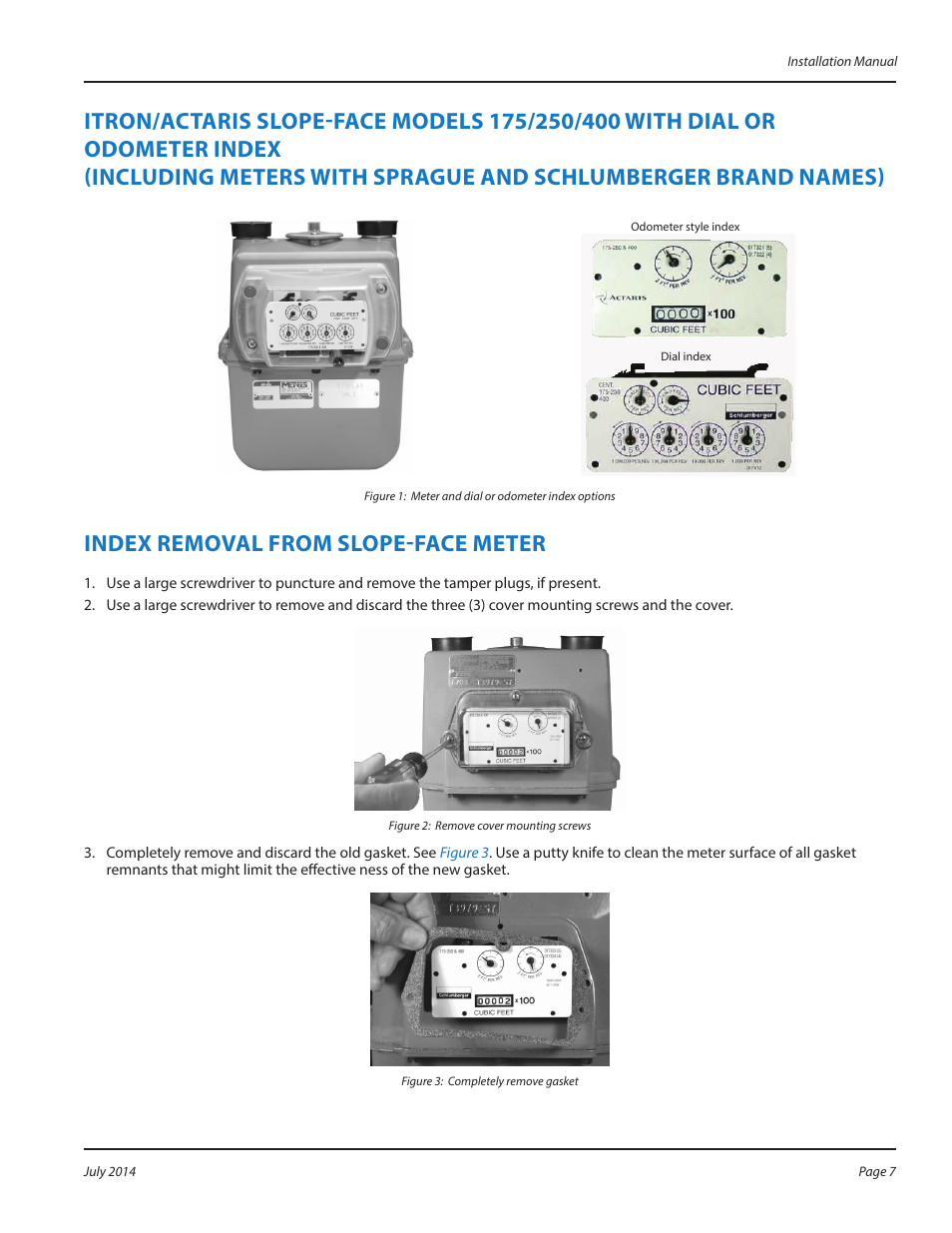 Index removal from slope-face meter, Schlumberger brand names) 7, Index removal from slope-face meter 7 | Badger Meter ORION AMR/AMI Hardware Solutions for Gas Utilities User Manual | Page 7 / 16