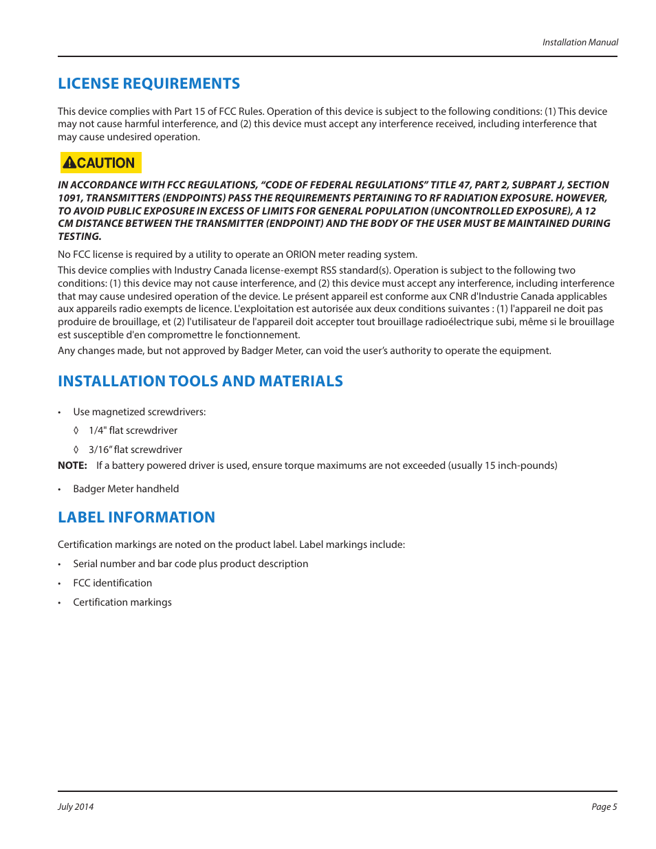 Installation of orion integral commercial endpoint, License requirements, Installation tools and materials | Label information | Badger Meter ORION AMR/AMI Hardware Solutions for Gas Utilities User Manual | Page 5 / 20