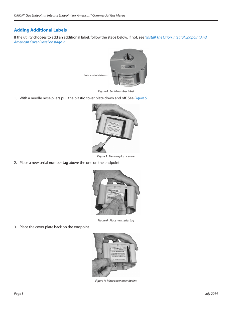 Install the orion integral endpoint and american, Cover plate 8, Adding additional labels | Badger Meter ORION AMR/AMI Hardware Solutions for Gas Utilities User Manual | Page 8 / 20