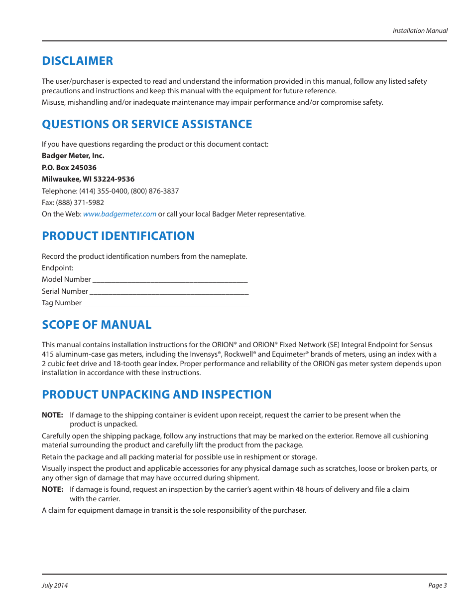Disclaimer, Questions or service assistance, Product identification | Scope of manual, Product unpacking and inspection, Disclaimer 3, Questions or service assistance 3, Product identification 3, Scope of manual 3, Product unpacking and inspection 3 | Badger Meter ORION AMR/AMI Hardware Solutions for Gas Utilities User Manual | Page 3 / 12