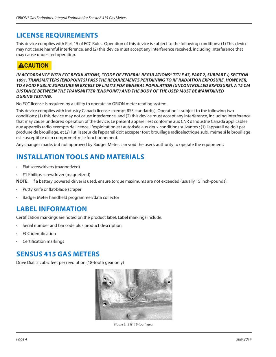License requirements, Installation tools and materials, Label information | Sensus 415 gas meters, License requirements 4, Installation tools and materials 4, Label information 4, Sensus 415 gas meters 4 | Badger Meter ORION AMR/AMI Hardware Solutions for Gas Utilities User Manual | Page 4 / 12