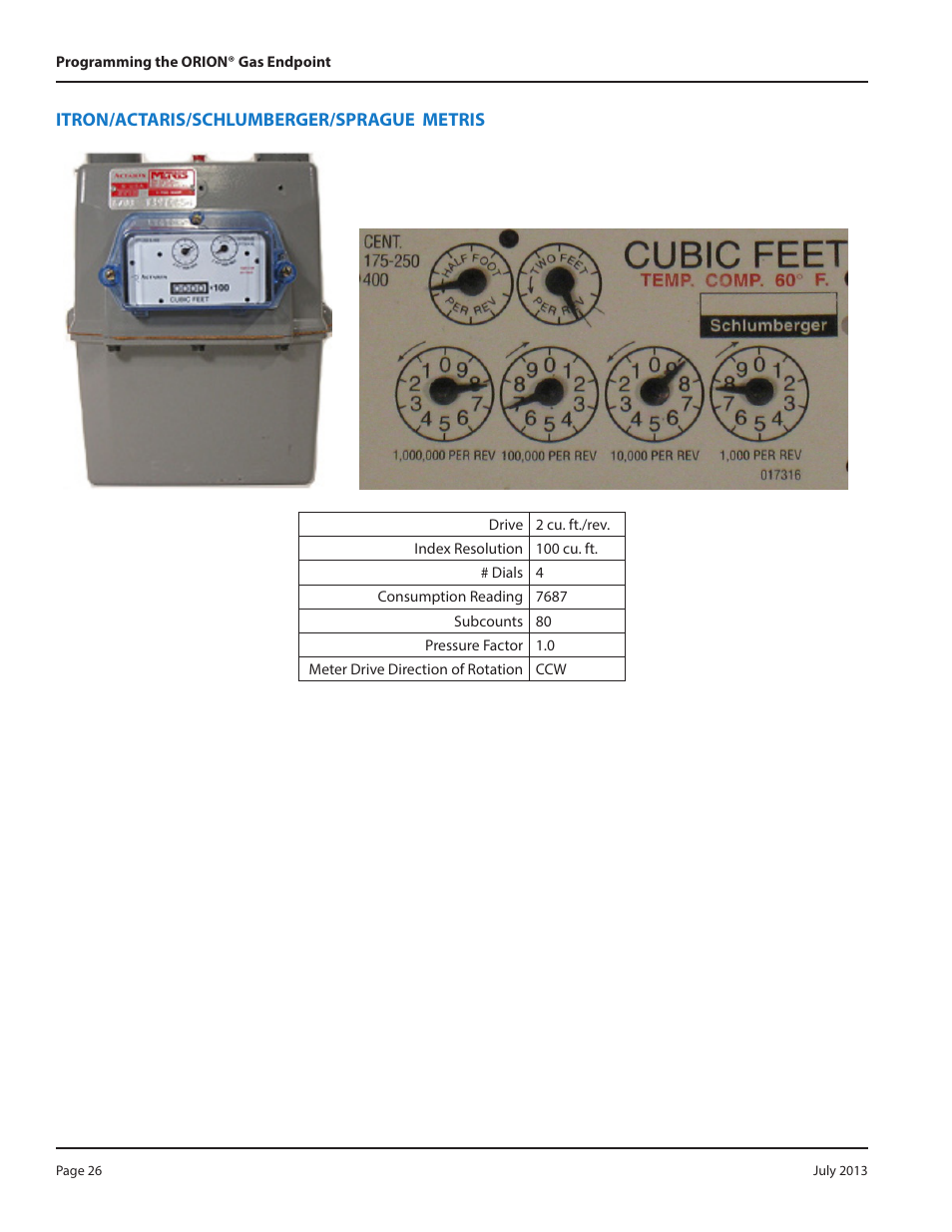 Itron/actaris/schlumberger/sprague metris | Badger Meter ORION AMR/AMI Hardware Solutions for Gas Utilities User Manual | Page 26 / 36