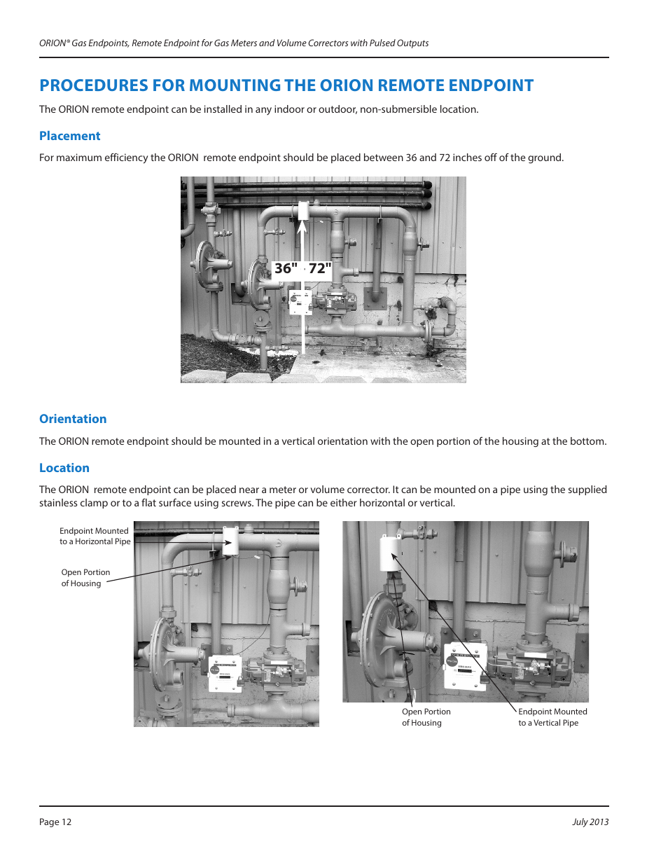 Procedures for mounting the orion remote endpoint, Placement, Orientation | Location, Placement 12 orientation 12 location 12 | Badger Meter ORION AMR/AMI Hardware Solutions for Gas Utilities User Manual | Page 12 / 24