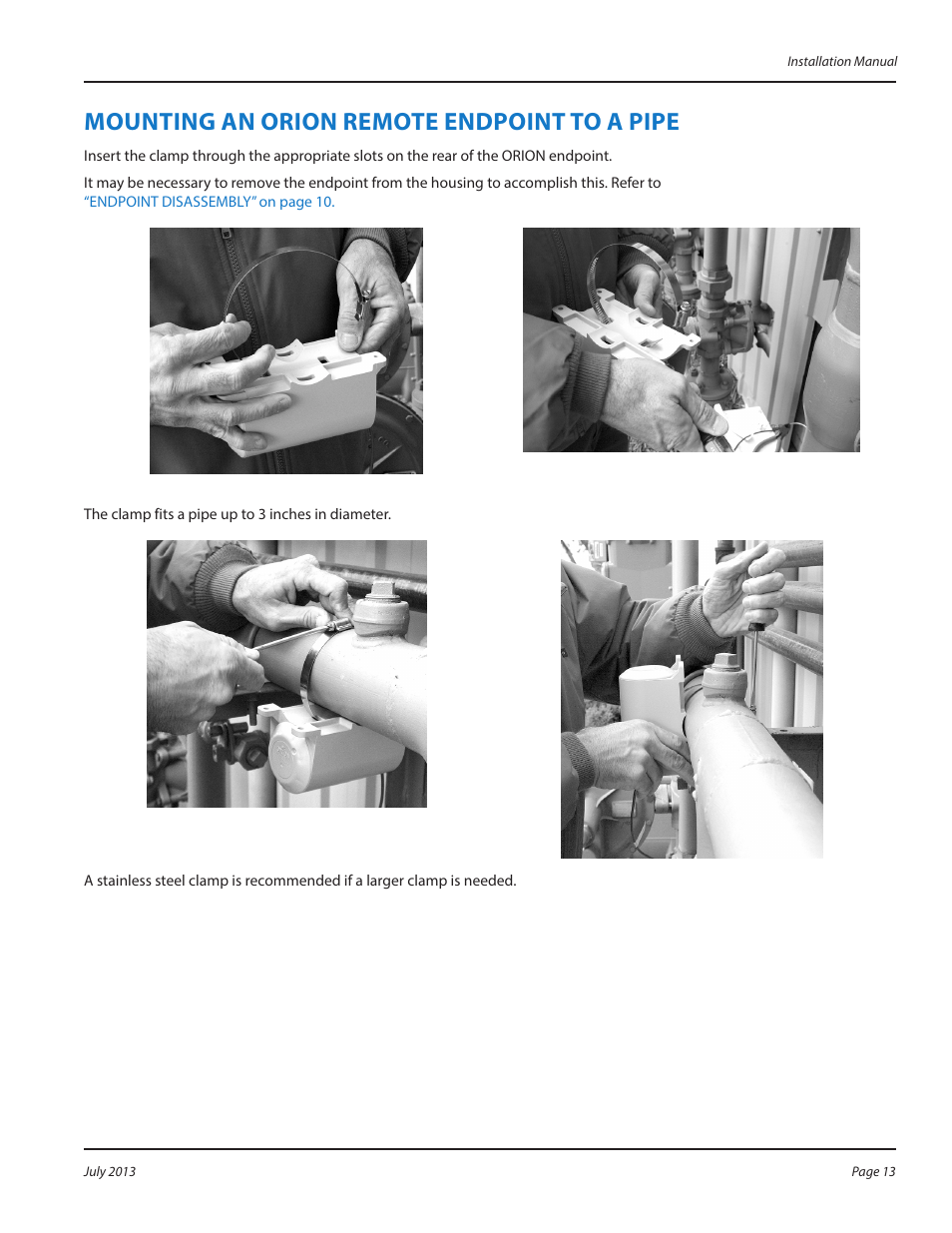 Mounting an orion remote endpoint to a pipe, Mounting an orion remote endpoint to a pipe 13 | Badger Meter ORION AMR/AMI Hardware Solutions for Gas Utilities User Manual | Page 13 / 24