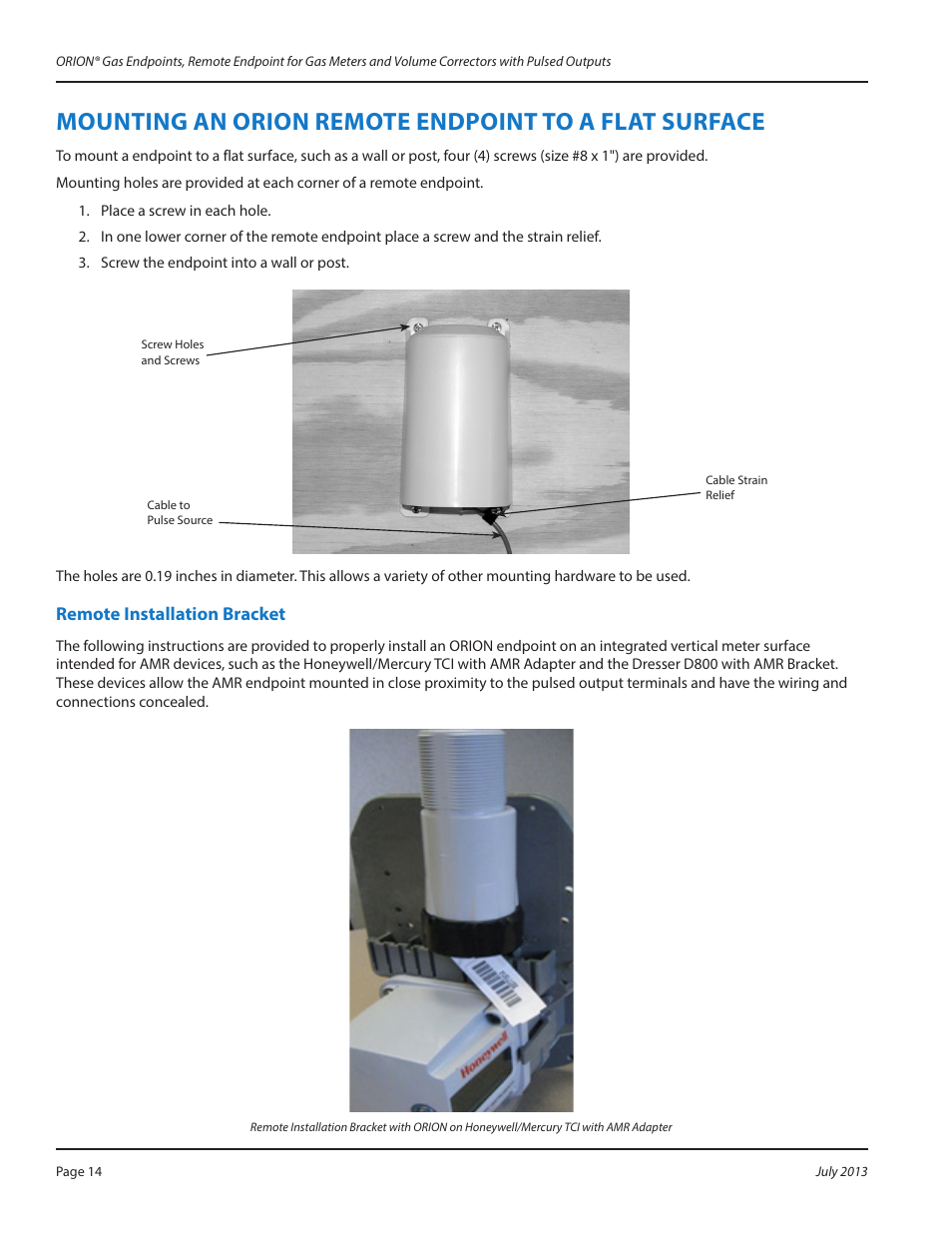 Remote installation bracket, Remote installation bracket 14 | Badger Meter ORION AMR/AMI Hardware Solutions for Gas Utilities User Manual | Page 14 / 24
