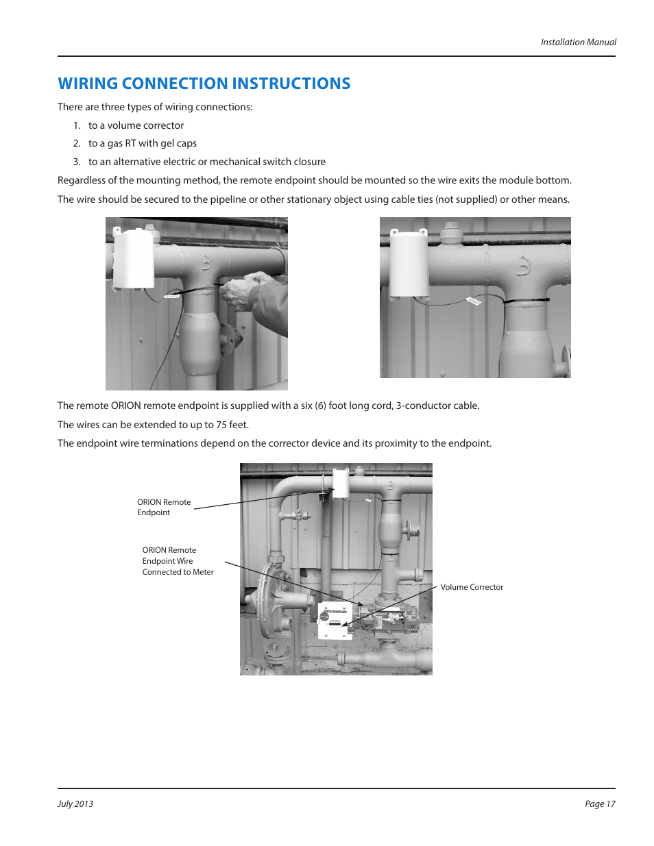 Wiring connection instructions, Wiring connection instructions 17 | Badger Meter ORION AMR/AMI Hardware Solutions for Gas Utilities User Manual | Page 17 / 24