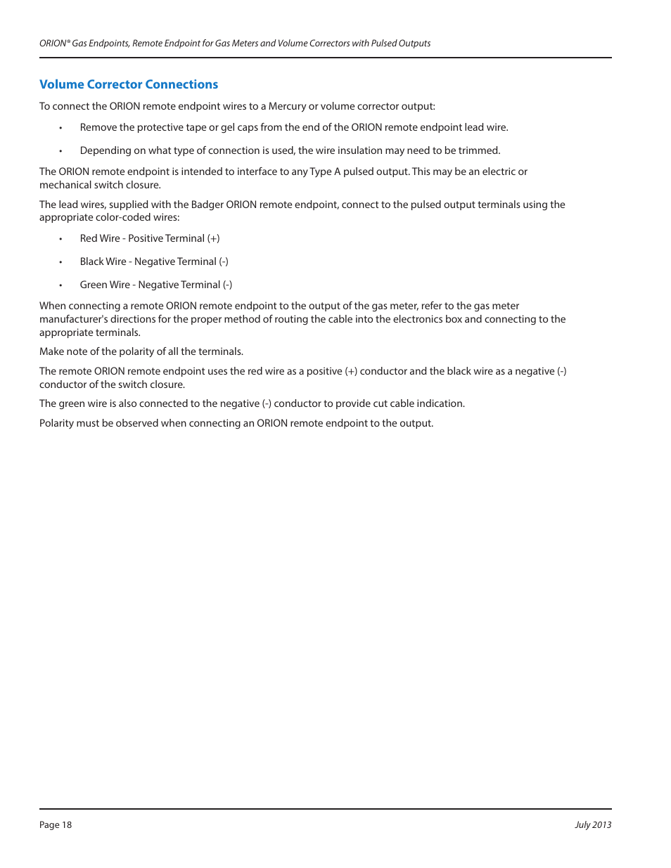 Volume corrector connections, Volume corrector connections 18 | Badger Meter ORION AMR/AMI Hardware Solutions for Gas Utilities User Manual | Page 18 / 24