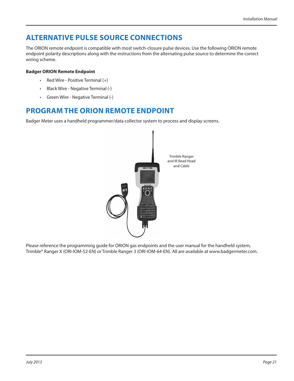 Alternative pulse source connections, Program the orion remote endpoint, Alternative pulse source connections 21 | Program the orion remote endpoint 21 | Badger Meter ORION AMR/AMI Hardware Solutions for Gas Utilities User Manual | Page 21 / 24