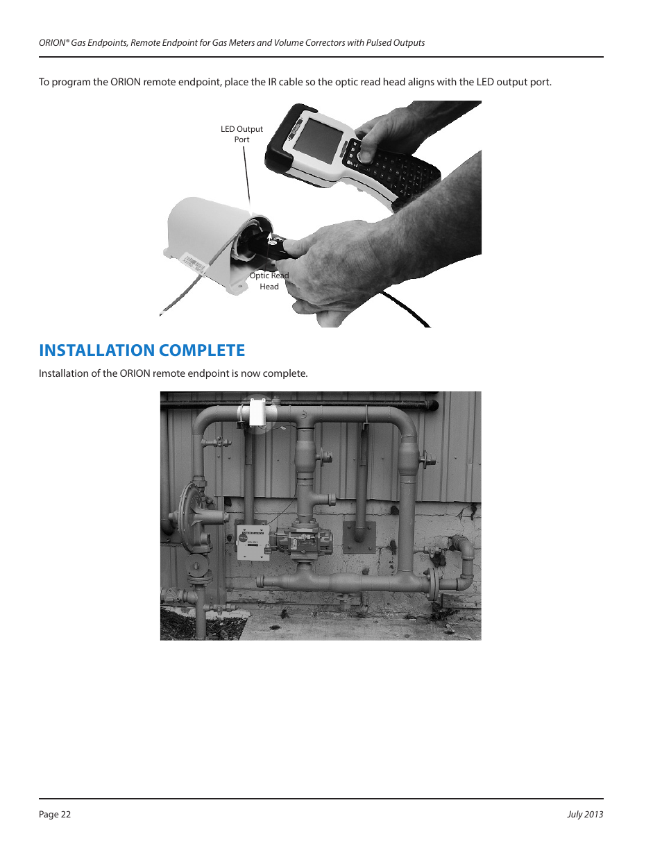 Installation complete, Installation complete 22 | Badger Meter ORION AMR/AMI Hardware Solutions for Gas Utilities User Manual | Page 22 / 24