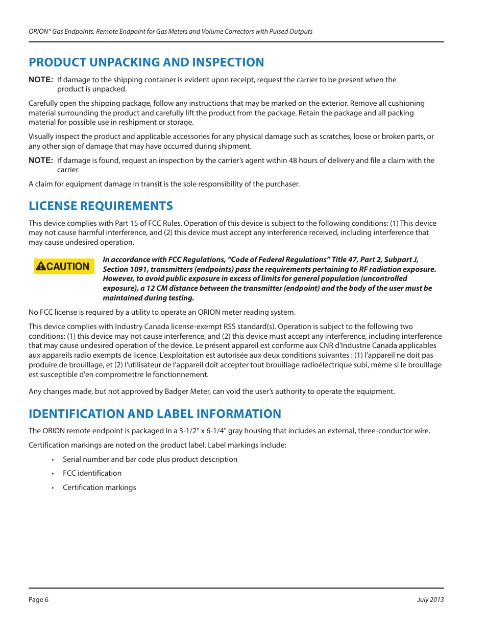Product unpacking and inspection, License requirements, Identification and label information | Product unpacking and inspection 6, License requirements 6, Identification and label information 6 | Badger Meter ORION AMR/AMI Hardware Solutions for Gas Utilities User Manual | Page 6 / 24