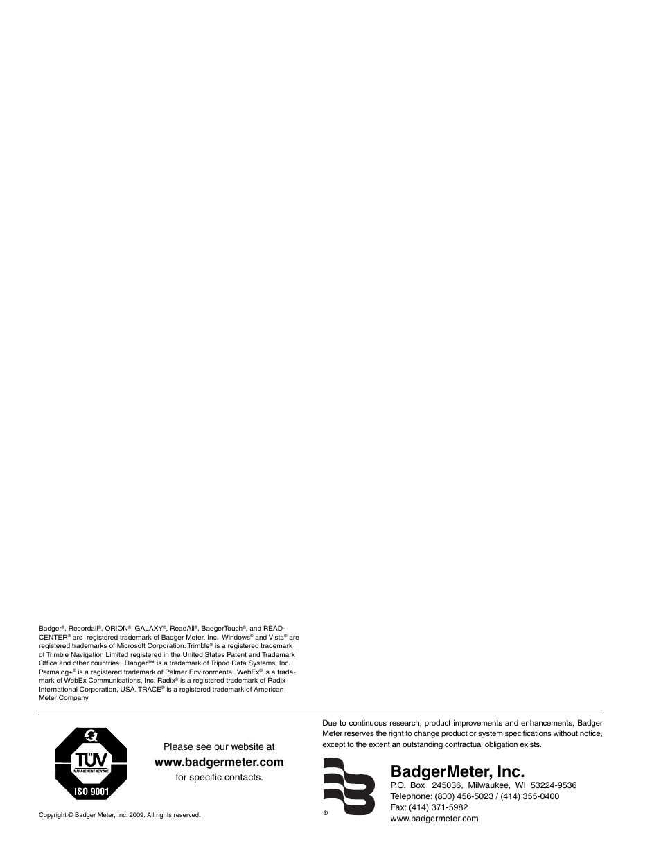 Badgermeter, inc, Please see our website at, For specifi c contacts | Badger Meter ReadCenter User Manual | Page 72 / 72