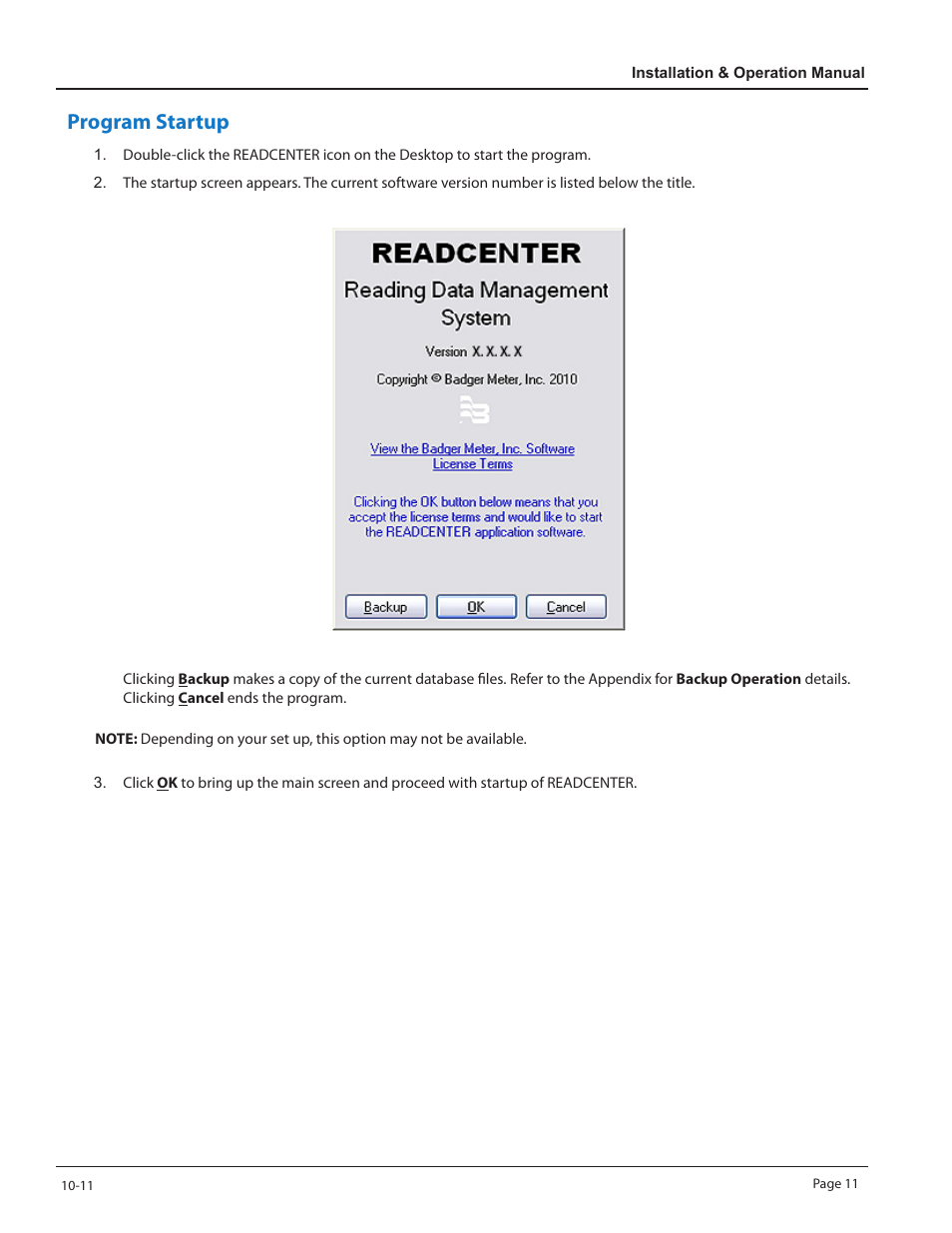 Program startup | Badger Meter ReadCenter User Manual | Page 11 / 60