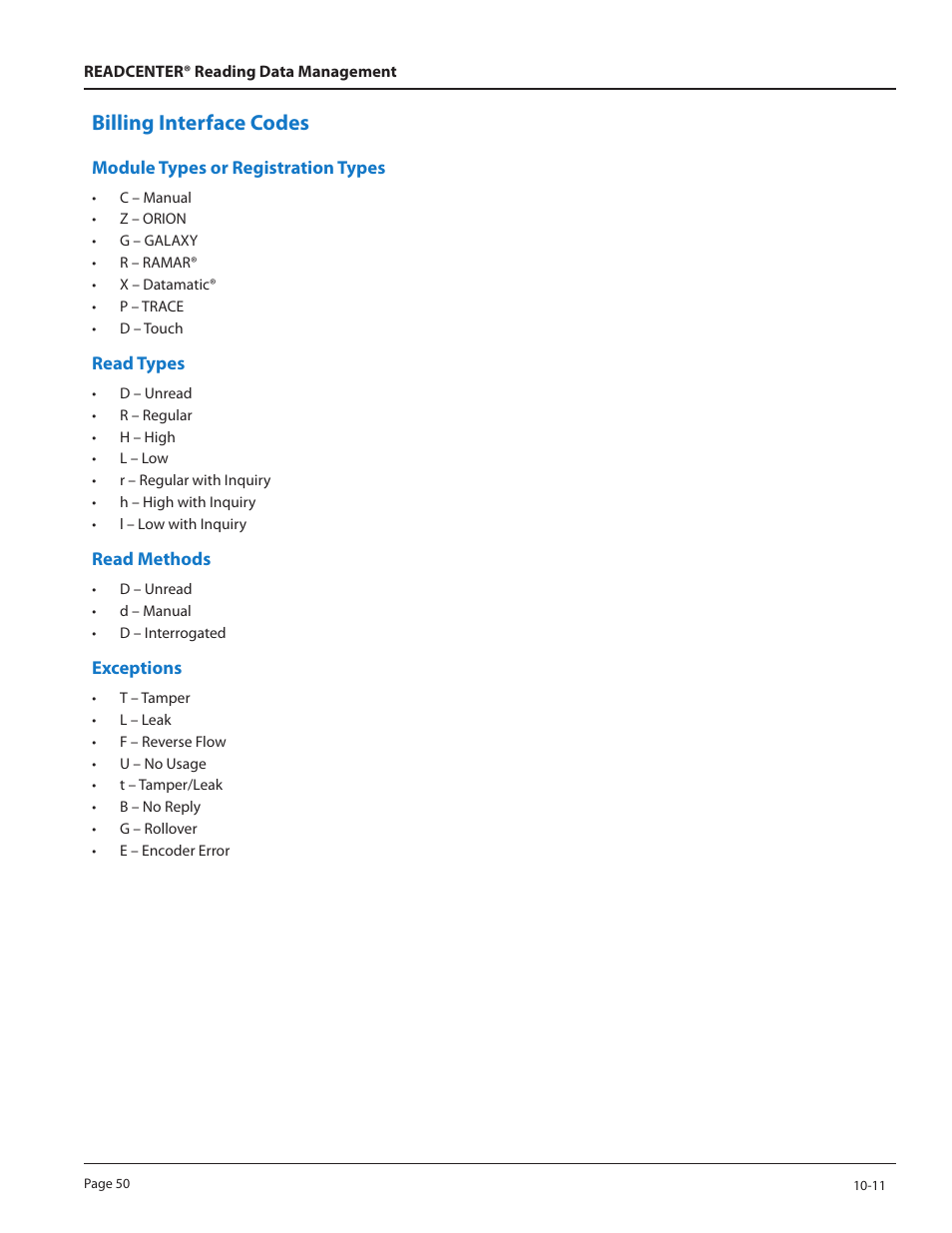 Billing interface codes | Badger Meter ReadCenter User Manual | Page 50 / 60