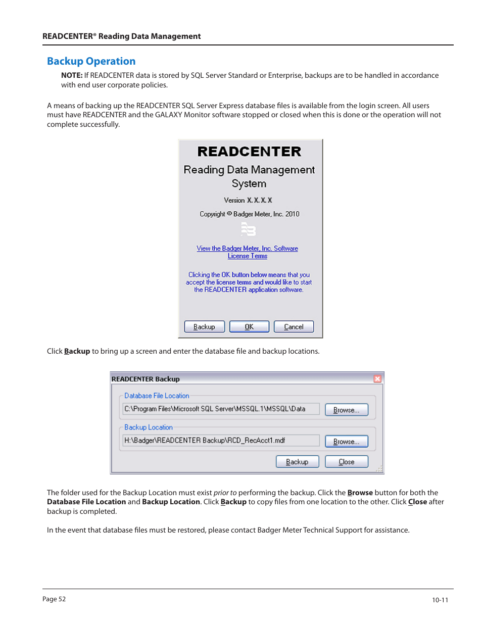 Backup operation | Badger Meter ReadCenter User Manual | Page 52 / 60