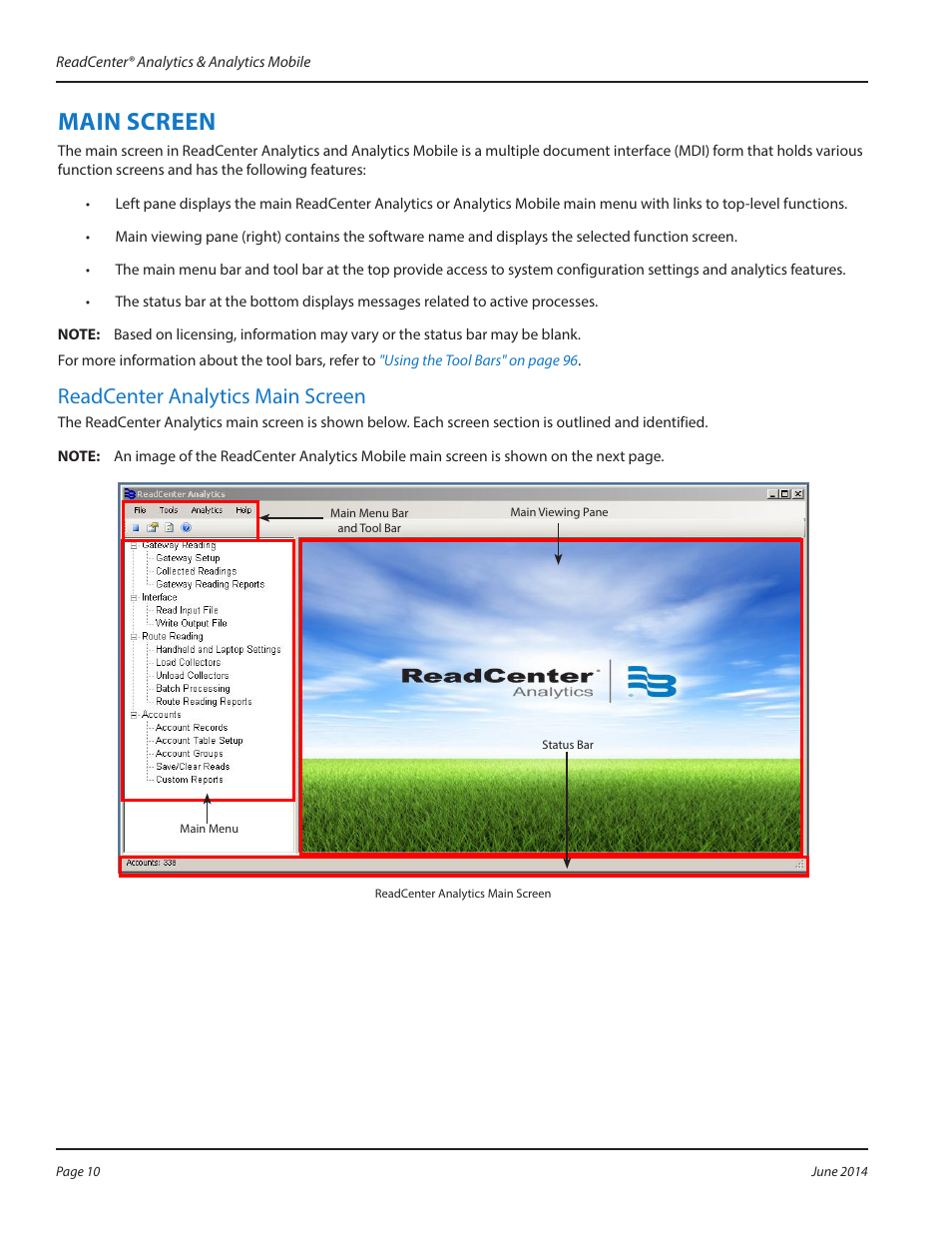 Main screen, Main screen 10, Readcenter analytics main screen | Badger Meter ReadCenter User Manual | Page 10 / 112