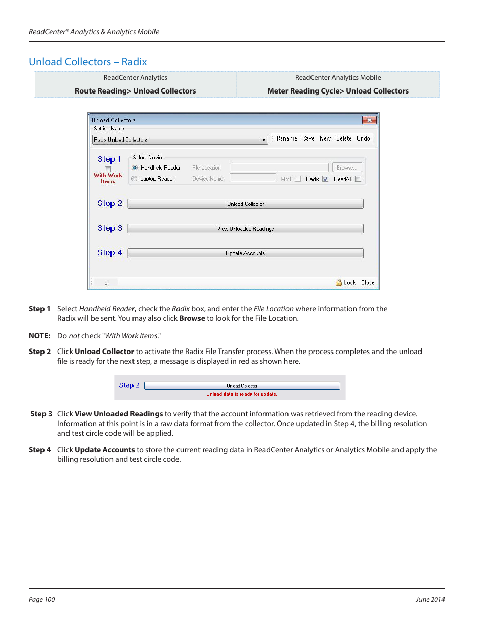 Unload collectors – radix | Badger Meter ReadCenter User Manual | Page 100 / 112