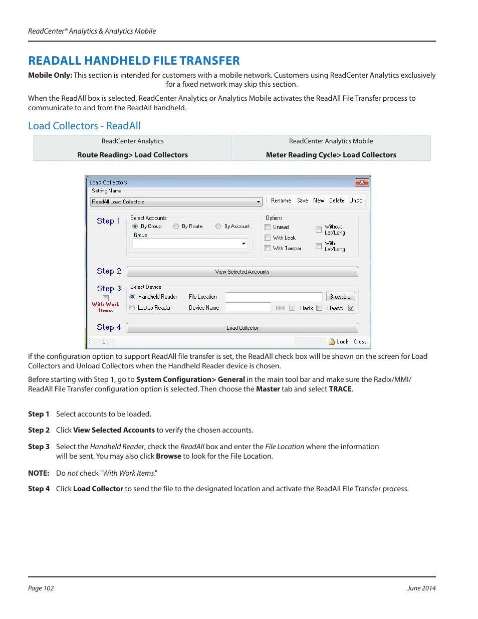 Readall handheld file transfer, Readall handheld file transfer 102, Load collectors - readall | Badger Meter ReadCenter User Manual | Page 102 / 112