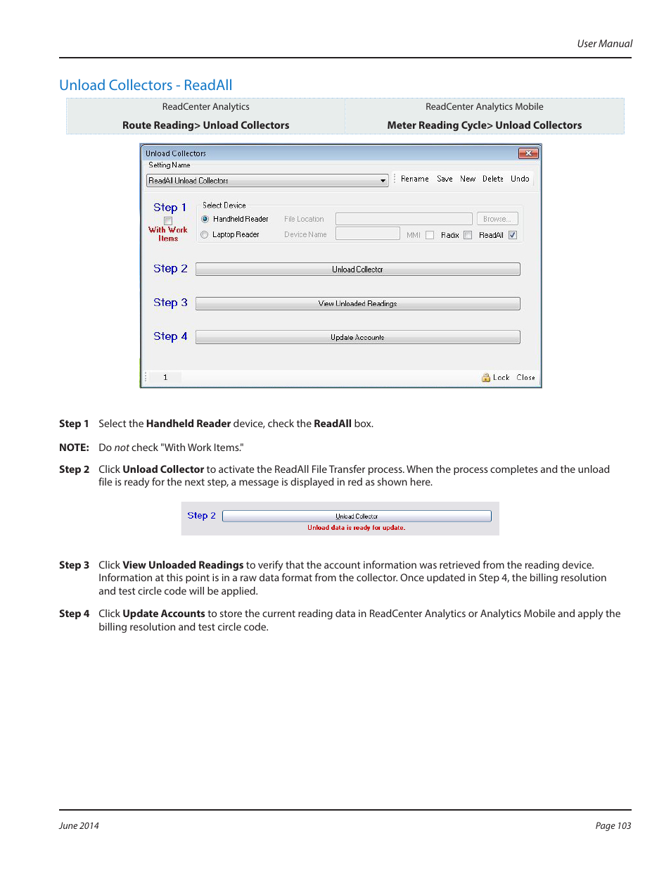 Unload collectors - readall | Badger Meter ReadCenter User Manual | Page 103 / 112