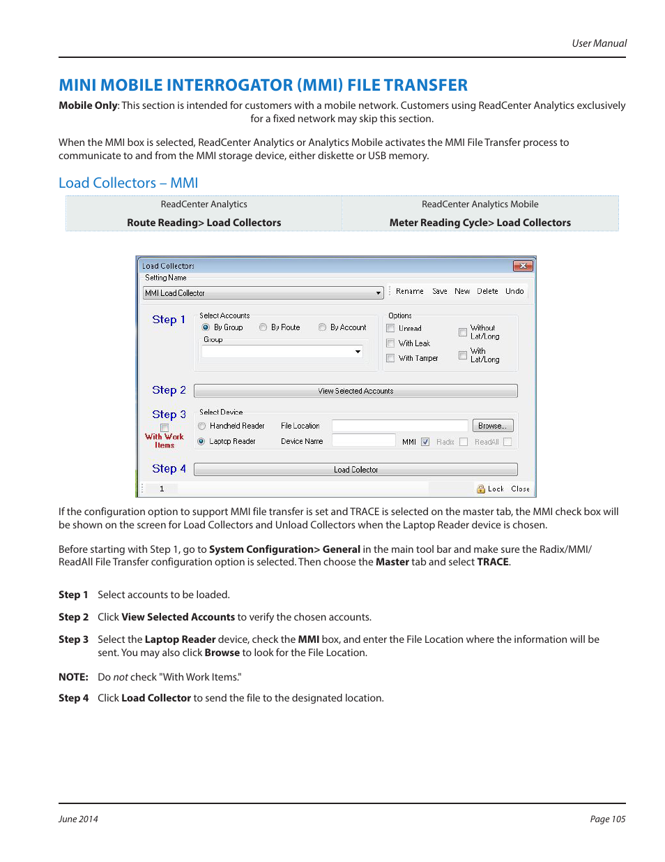 Mini mobile interrogator (mmi) file transfer, Mini mobile interrogator (mmi) file transfer 105, Load collectors – mmi | Badger Meter ReadCenter User Manual | Page 105 / 112