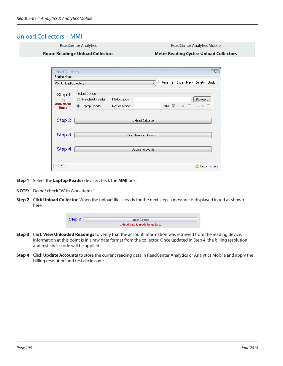 Unload collectors – mmi | Badger Meter ReadCenter User Manual | Page 106 / 112