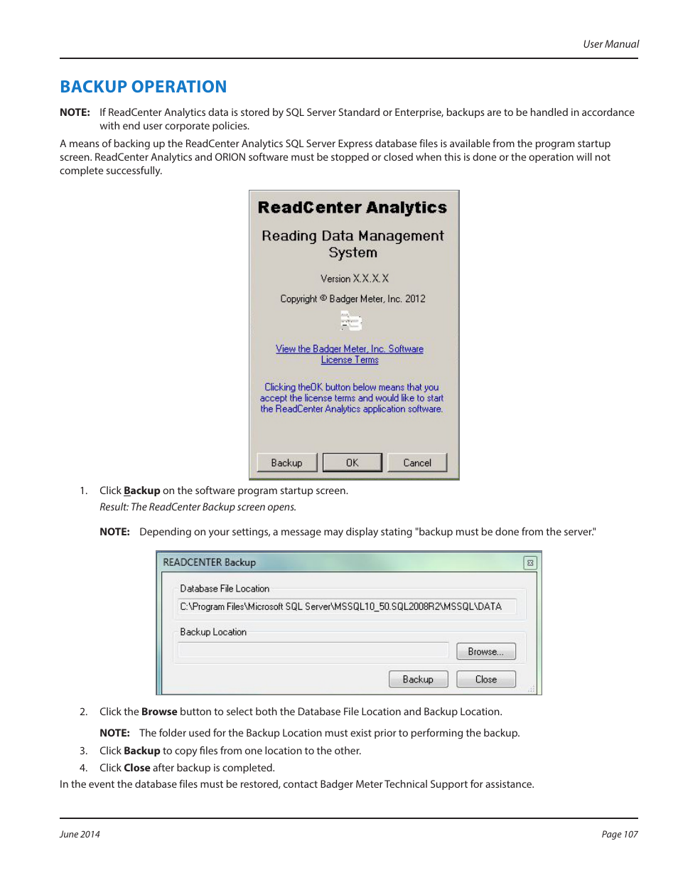 Backup operation, Backup operation 107 | Badger Meter ReadCenter User Manual | Page 107 / 112