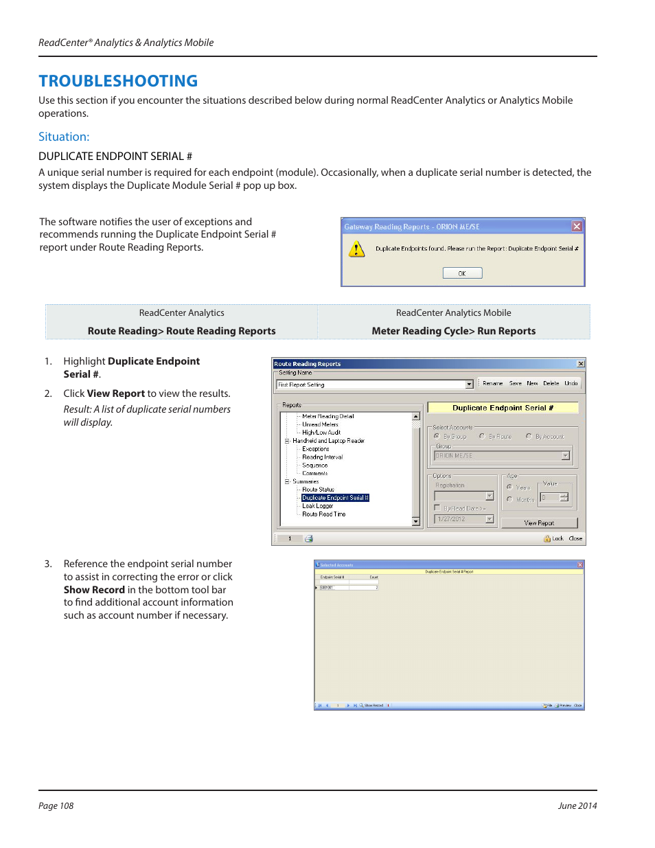 Troubleshooting, Troubleshooting 108 | Badger Meter ReadCenter User Manual | Page 108 / 112