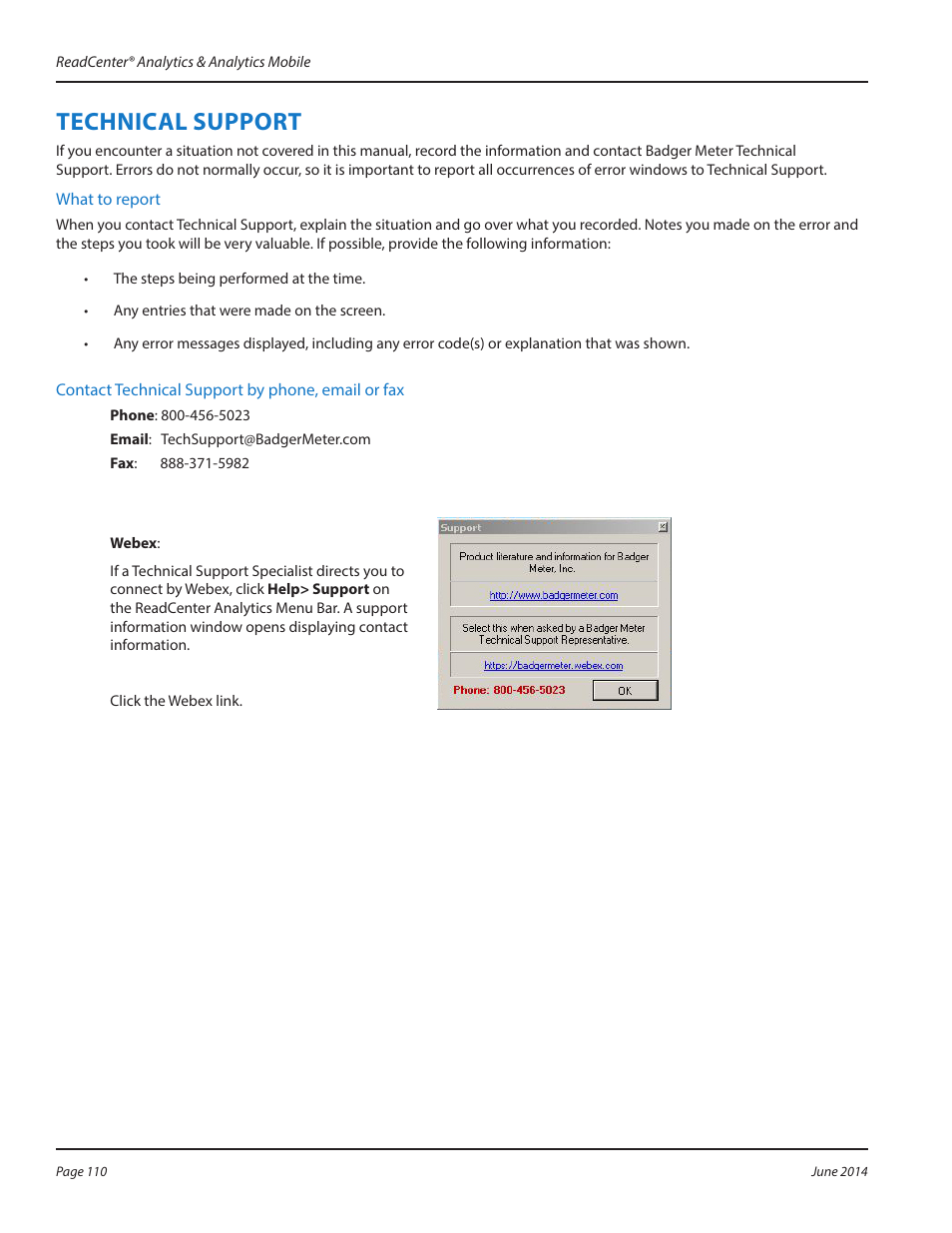 Technical support, Technical support 110 | Badger Meter ReadCenter User Manual | Page 110 / 112