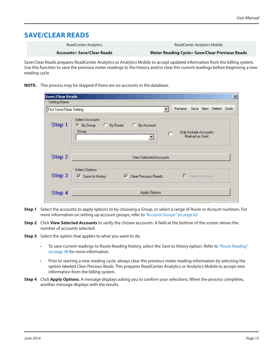 Save/clear reads, Save/clear reads 15 | Badger Meter ReadCenter User Manual | Page 15 / 112