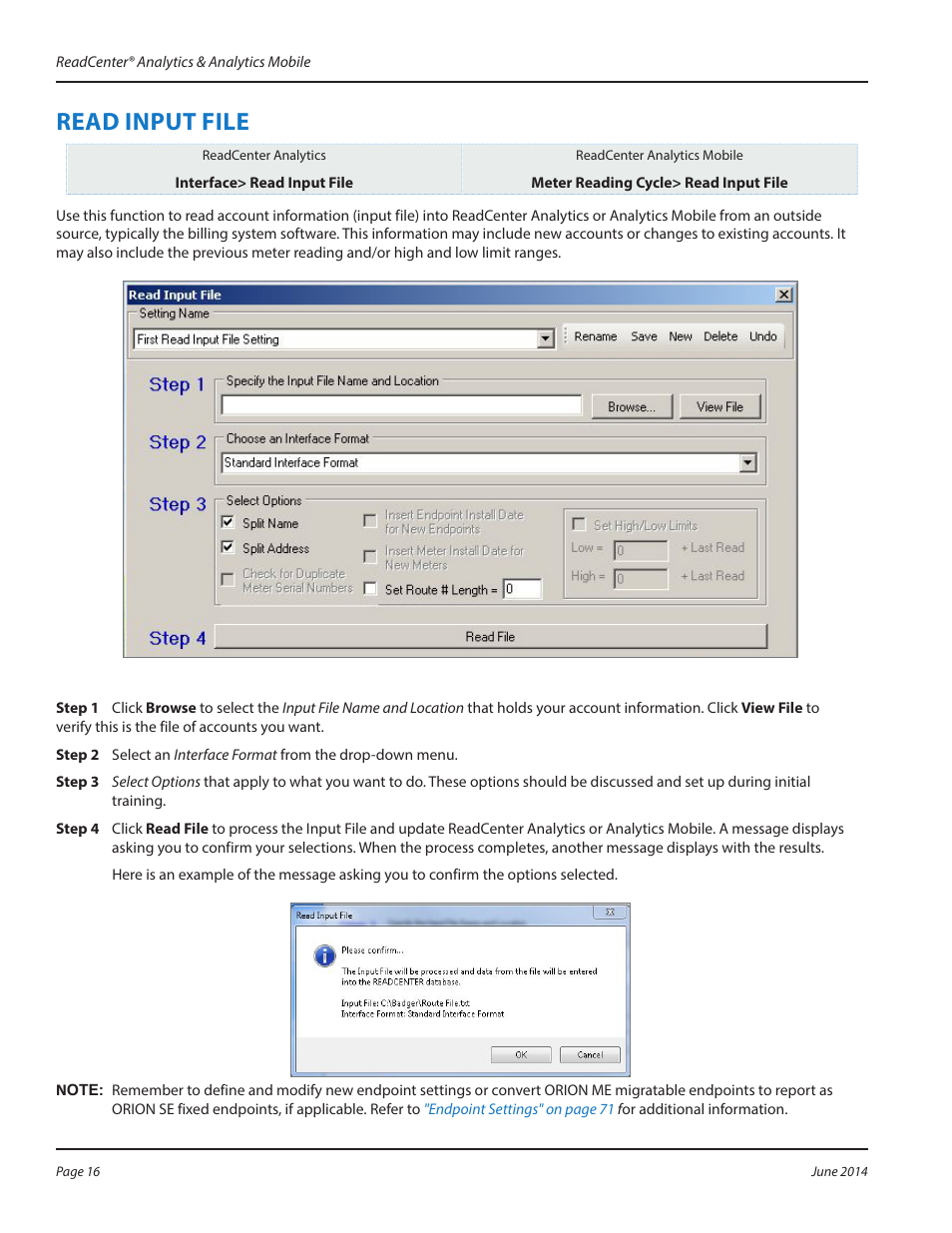 Read input file, Read input file 16 | Badger Meter ReadCenter User Manual | Page 16 / 112