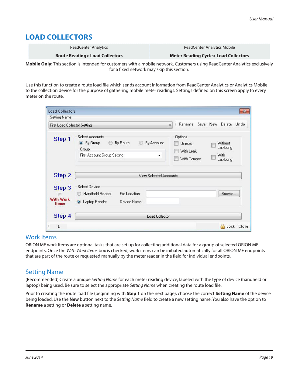 Load collectors, Work items, Load collectors 19 | Work items 19, Setting name | Badger Meter ReadCenter User Manual | Page 19 / 112