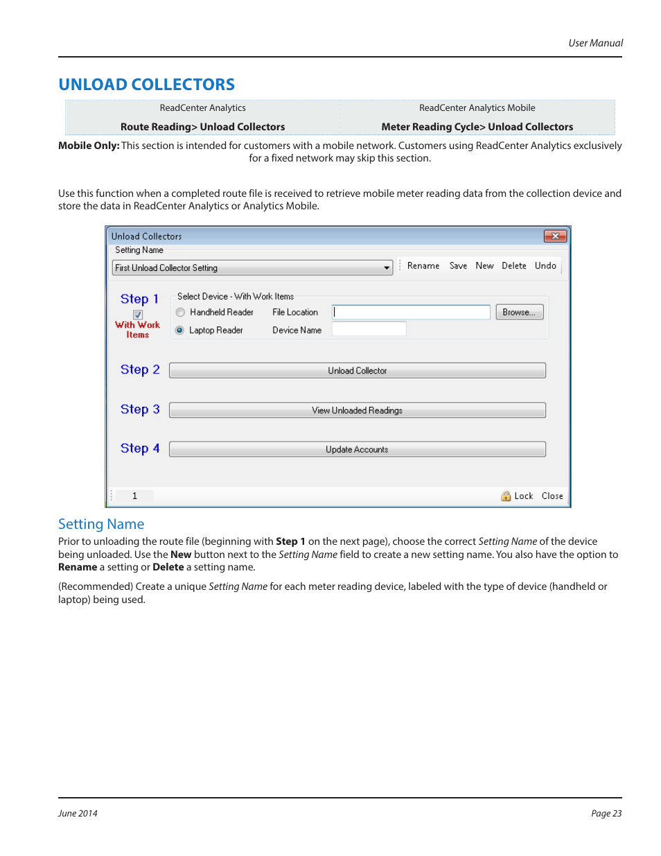 Unload collectors, Unload collectors 23, Setting name | Badger Meter ReadCenter User Manual | Page 23 / 112