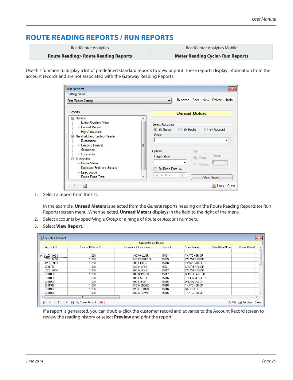 Route reading reports / run reports, Route reading reports / run reports 25 | Badger Meter ReadCenter User Manual | Page 25 / 112