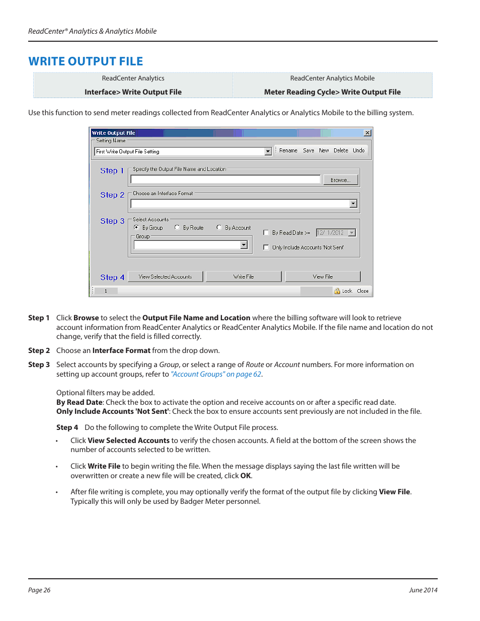 Write output file, Write output file 26 | Badger Meter ReadCenter User Manual | Page 26 / 112