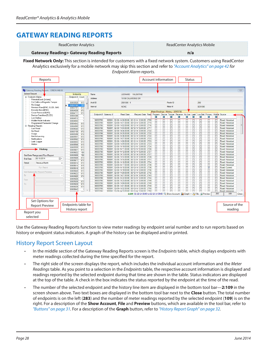 Gateway reading reports, Gateway reading reports 28, History report screen layout | Badger Meter ReadCenter User Manual | Page 28 / 112