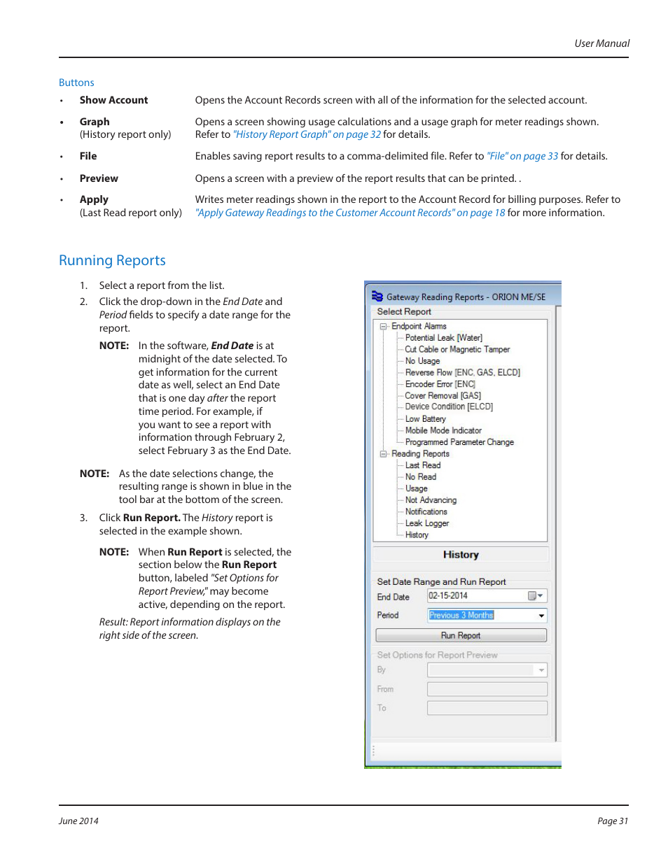 Running reports | Badger Meter ReadCenter User Manual | Page 31 / 112