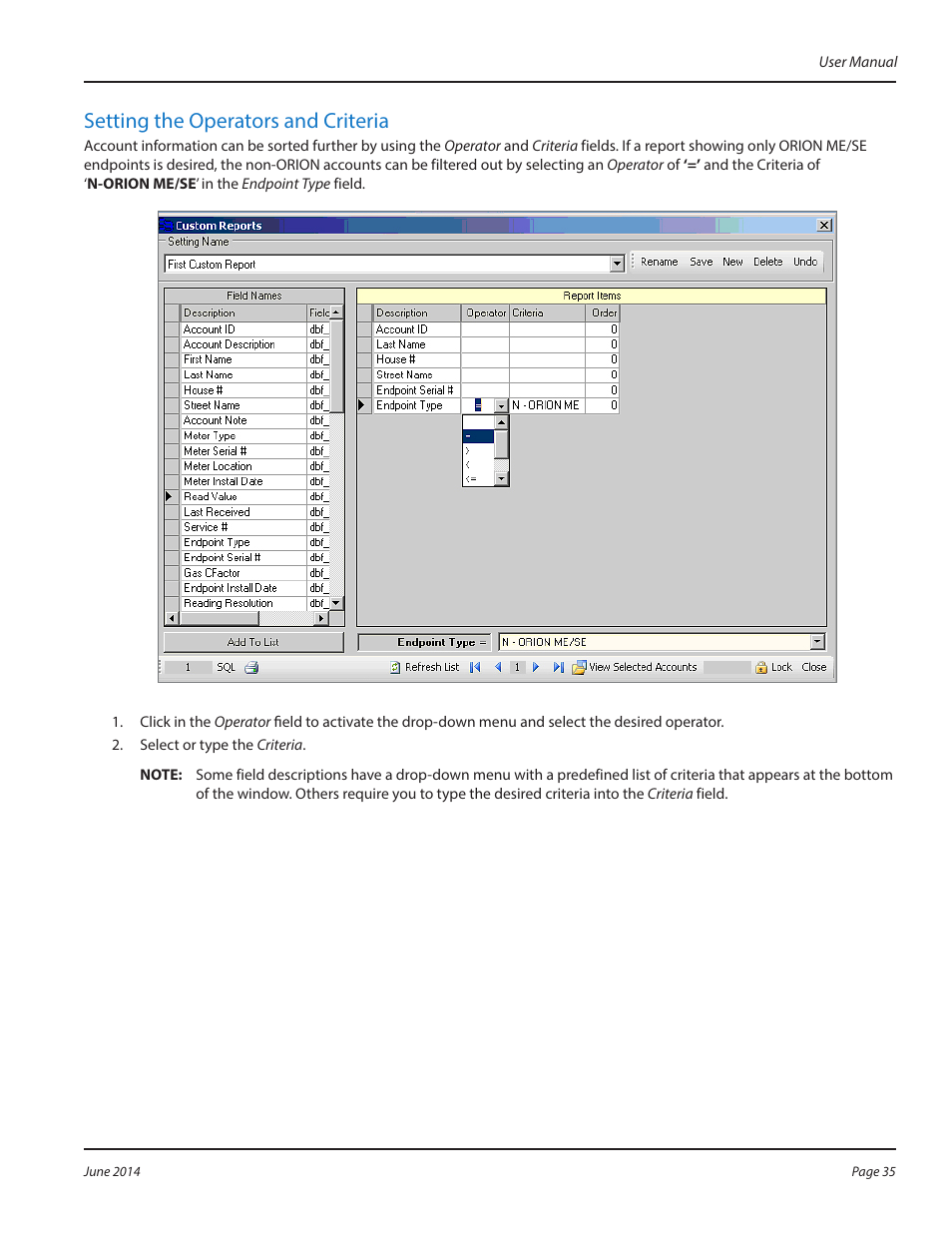 Setting the operators and criteria | Badger Meter ReadCenter User Manual | Page 35 / 112