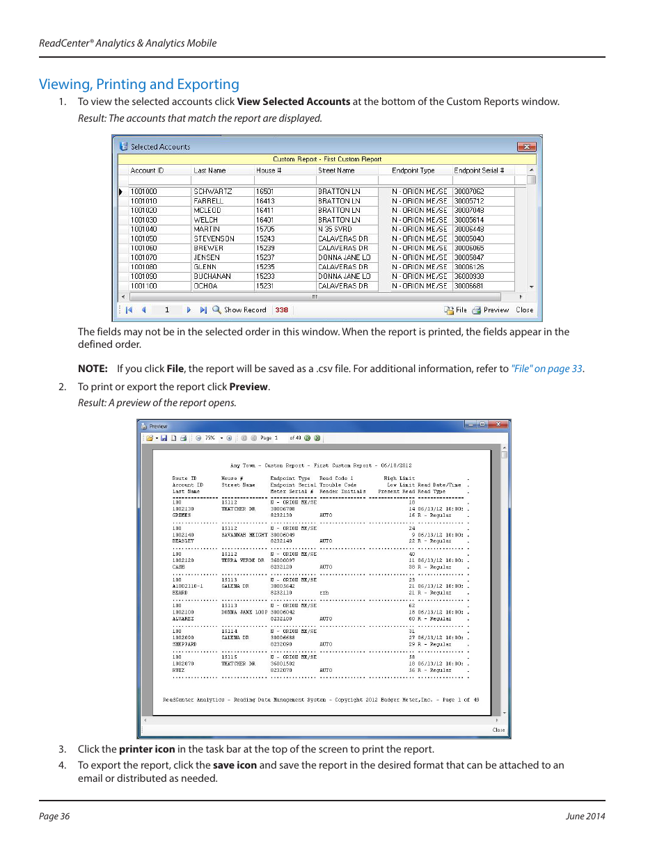 Viewing, printing and exporting | Badger Meter ReadCenter User Manual | Page 36 / 112