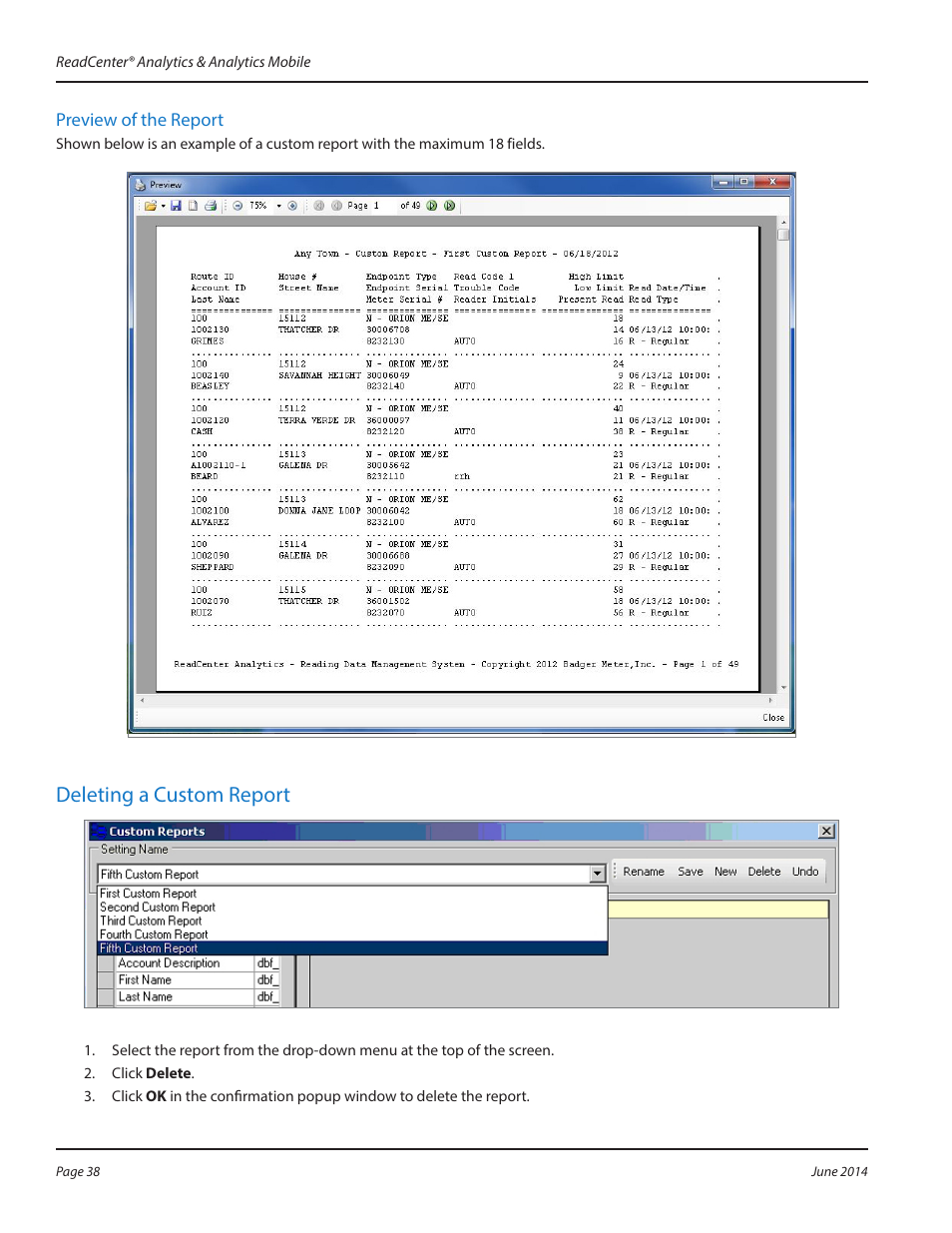 Deleting a custom report | Badger Meter ReadCenter User Manual | Page 38 / 112