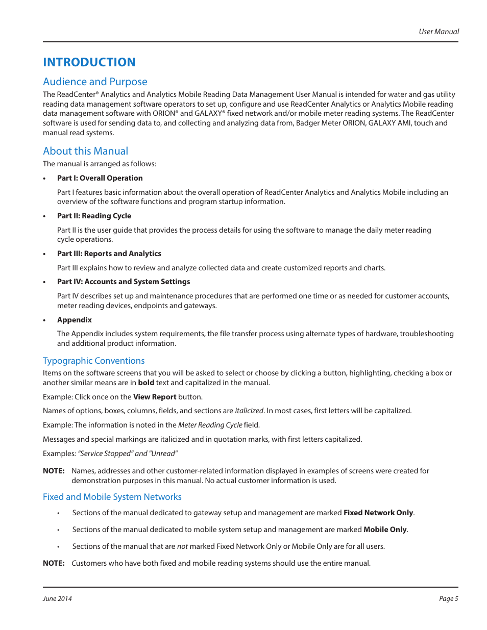 Introduction, Introduction 5, Audience and purpose | About this manual | Badger Meter ReadCenter User Manual | Page 5 / 112