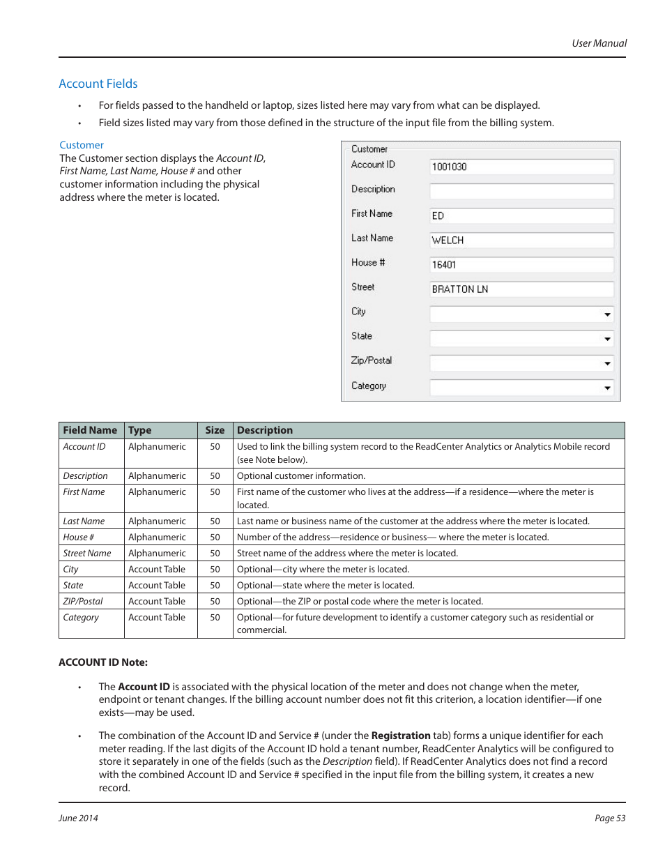 Account fields | Badger Meter ReadCenter User Manual | Page 53 / 112