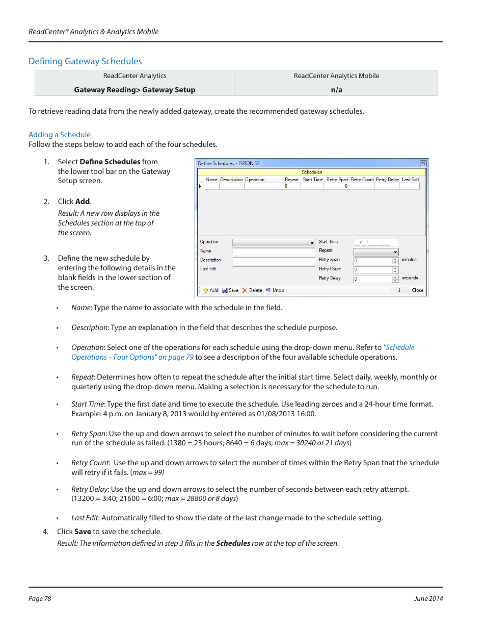 Defining gateway schedules | Badger Meter ReadCenter User Manual | Page 78 / 112