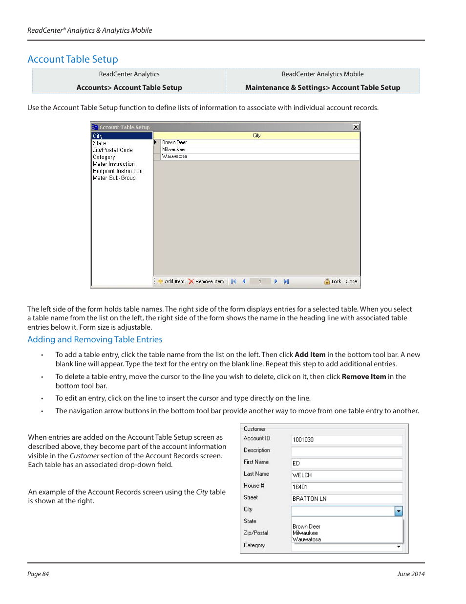 Account table setup, Account table setup 84 | Badger Meter ReadCenter User Manual | Page 84 / 112