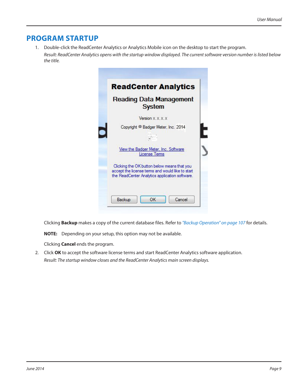 Program startup, Program startup 9 | Badger Meter ReadCenter User Manual | Page 9 / 112