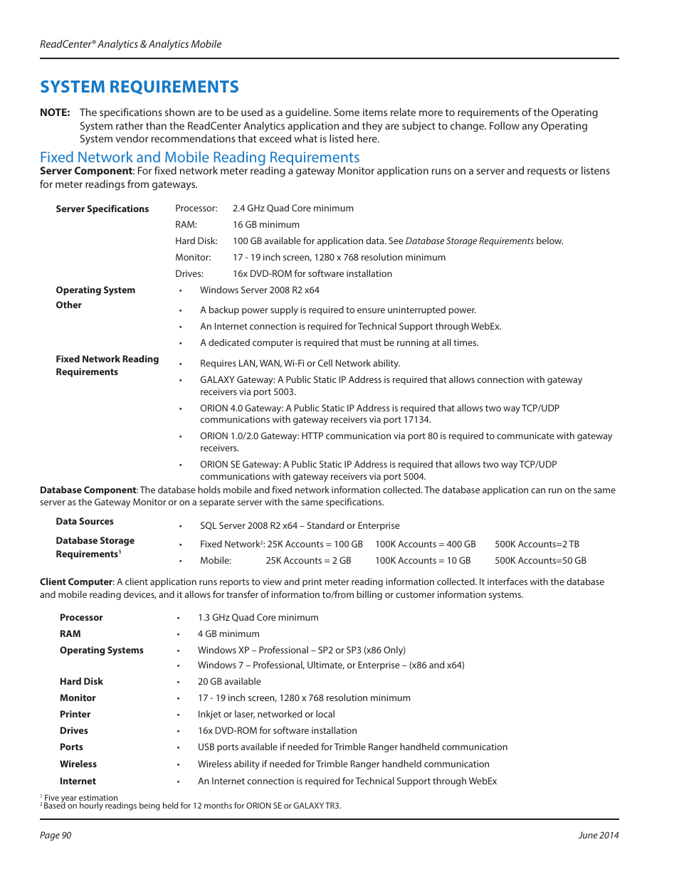 System requirements, System requirements 90, Fixed network and mobile reading requirements | Badger Meter ReadCenter User Manual | Page 90 / 112