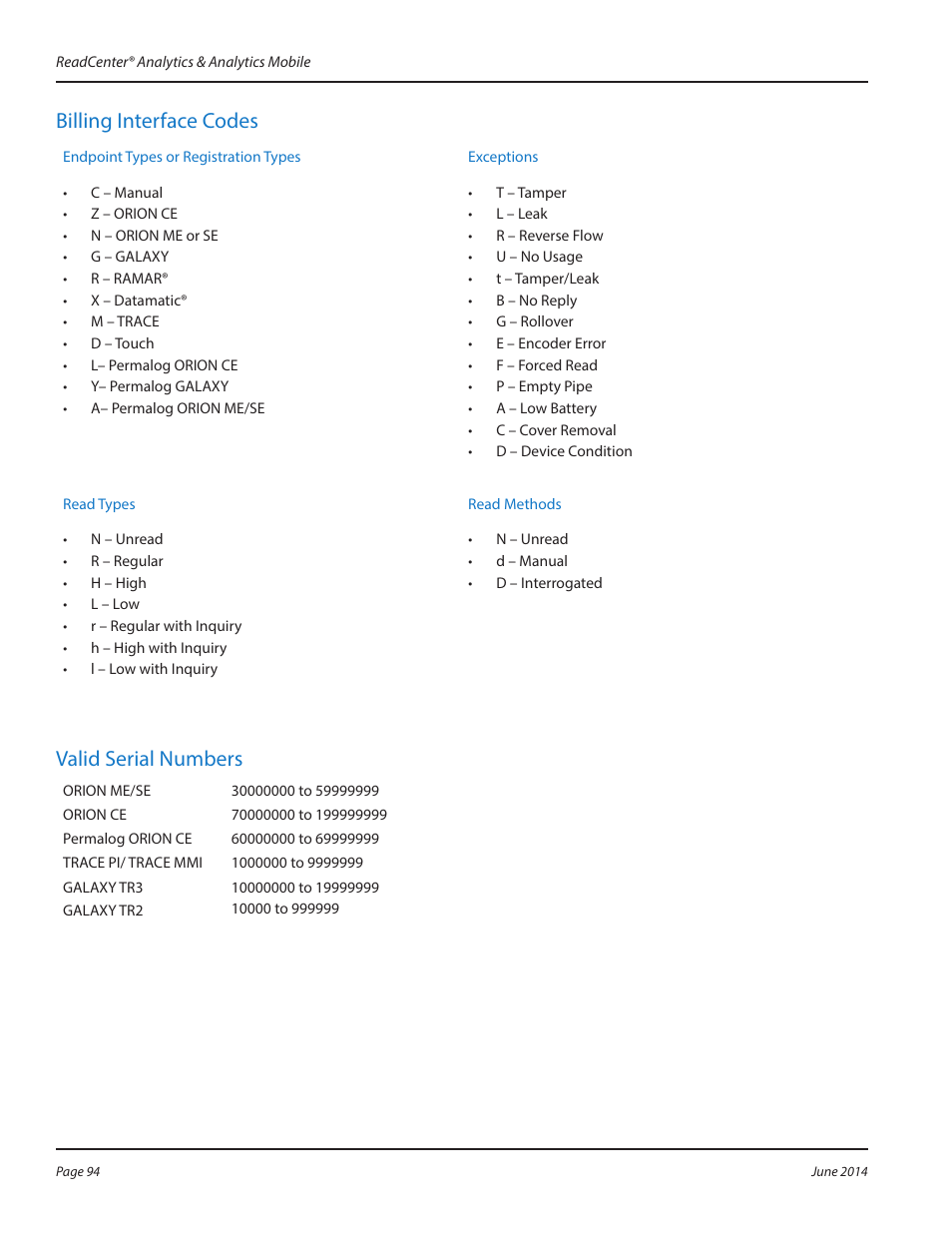 Billing interface codes, Valid serial numbers, Billing interface codes 94 valid serial numbers 94 | Badger Meter ReadCenter User Manual | Page 94 / 112