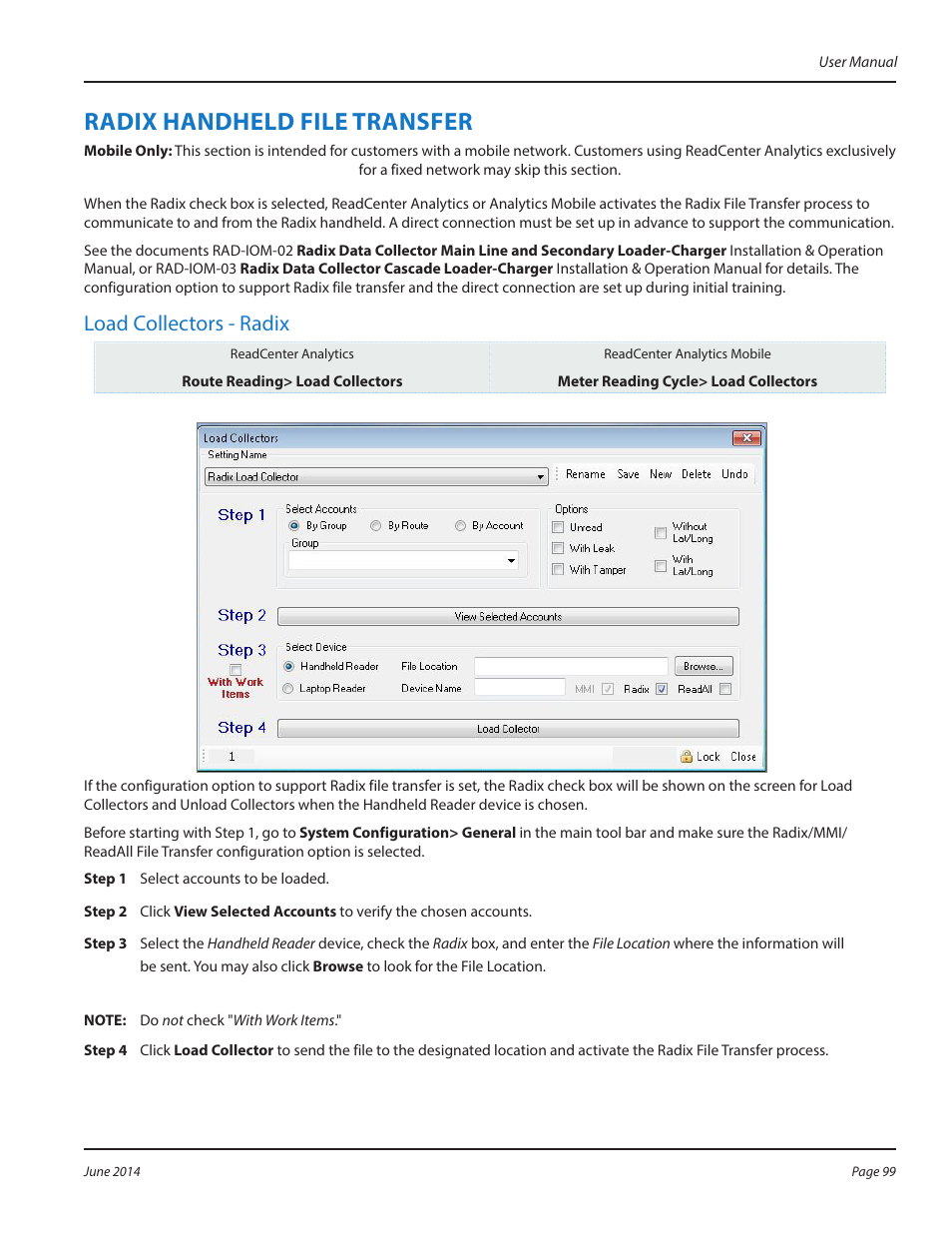 Radix handheld file transfer, Radix handheld file transfer 99, Load collectors - radix | Badger Meter ReadCenter User Manual | Page 99 / 112