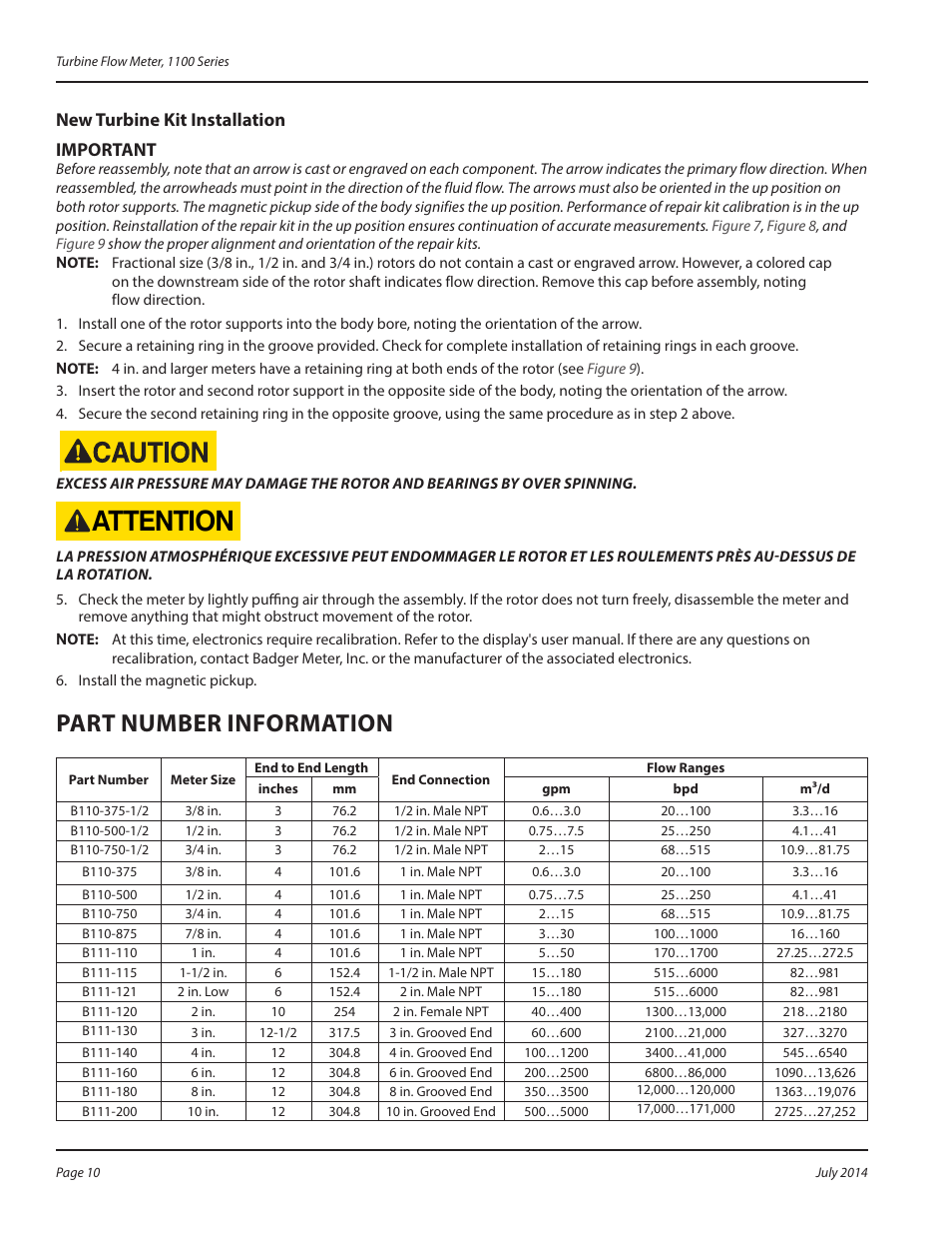 Part number information, Attention, New turbine kit installation mportant i | Badger Meter 1100 User Manual | Page 10 / 12